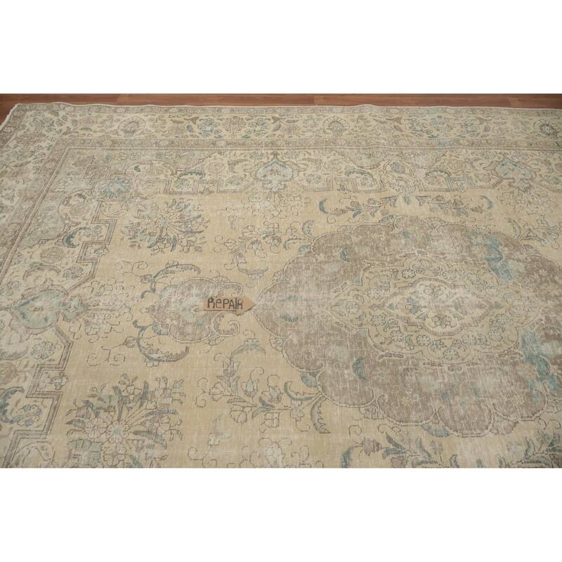 Hand Knotted Oriental 100% Wool Carpet Traditional Floral Beige & Ivories Tabriz Area Rug - 11' 8'' X 8' 1''