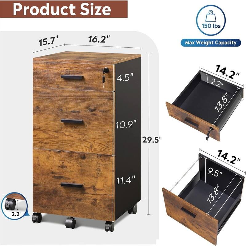 3 Drawer Rolling File Cabinet with Lock - 16"D x 15.7"W x 30.7"H