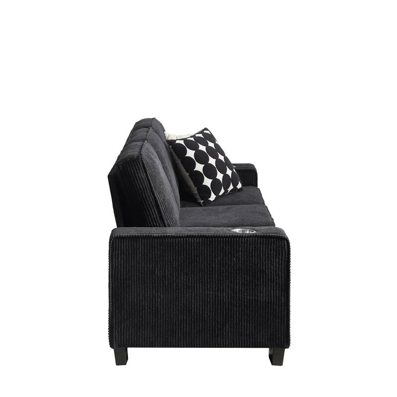 84.25" Corduroy 3-Seater Sofa, Cup Holder Armrests and Spring Cushions