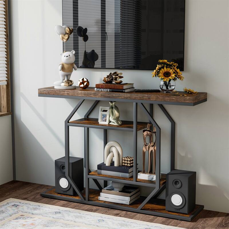 47.24" Rustic Long Console Entry Table Sofa Storage Table Behind Couch with 4 Tier Shelves