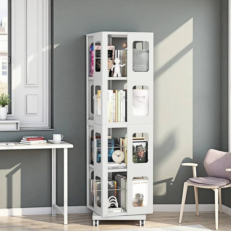 Rotating Bookshelf Tower 4 Tier All-Steel with 360° Wheels，Moveable Storage Rack Corner Bookshelf - White