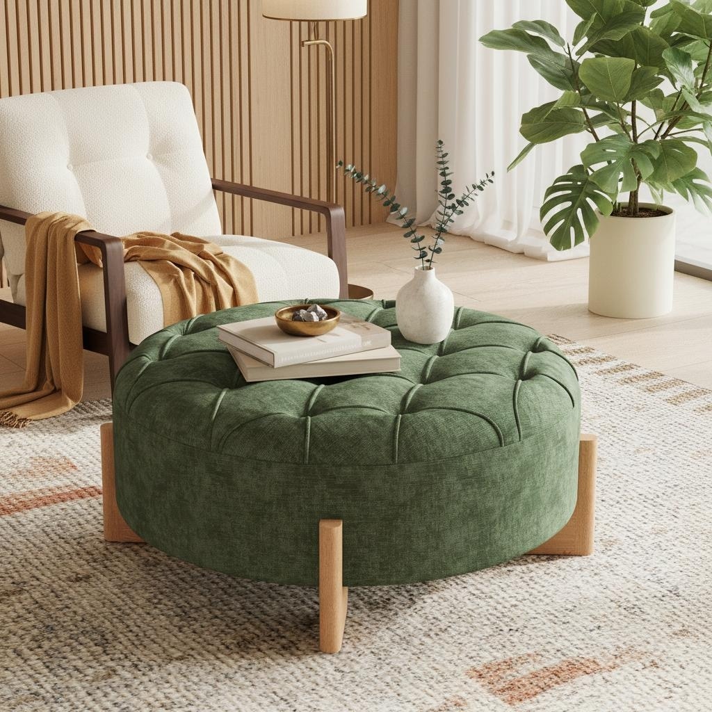 32" Round Tufted Ottoman with Solid Wood Legs by Harper&Bright Designs