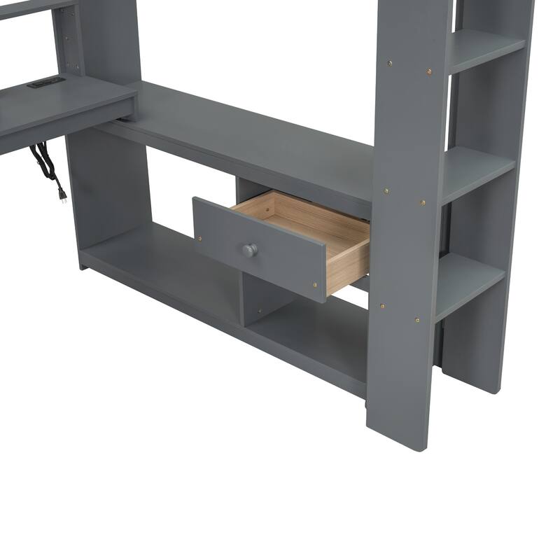 Full Size Loft Bed with Built-in Desk, LED Shelf Lighting, Charging Ports, and Storage Cabinet, Dark Gray Wood Frame