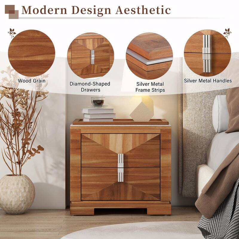 Mid-Century Modern Nightstand with 2 Drawers - Wide Wood End Table with Diamond Design and Heavy-Duty Base