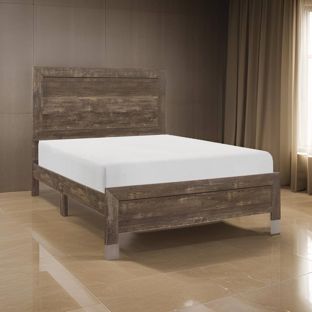 Rustic Panel Design Wooden Queen Size Bed with Block Legs Support, Brown