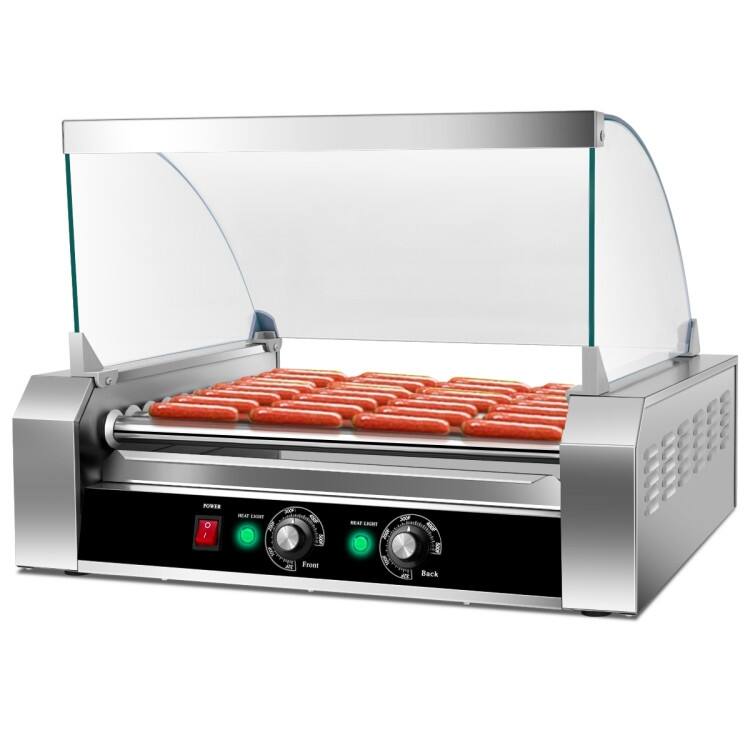 Commercial 11-Roller Hot Dog Machine Stainless Steel Grill with Glass Hood 30 Hot Dogs - 23" x 20" x 16.5" (L x W x H)