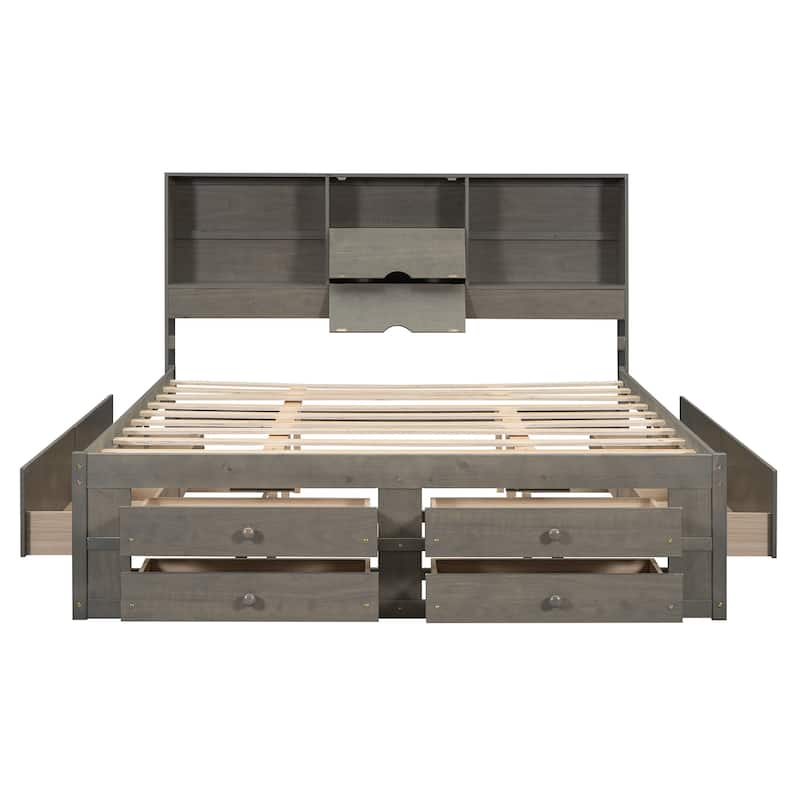 Queen Size Storage Bed Platform Bed with Open Storage Headboard, 4 Under-bed Drawers, 4 Bed End Drawers, Grey Wooden Bed