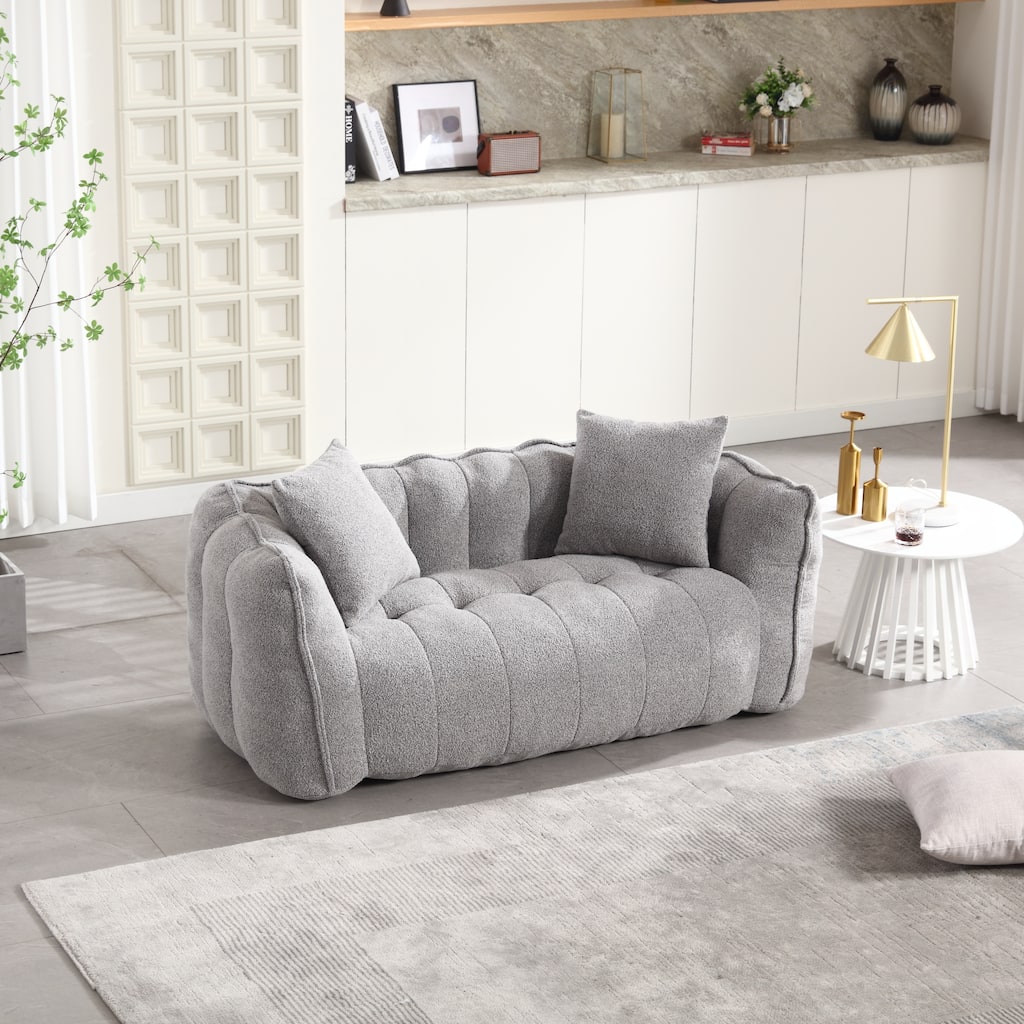 Grey Modern 65.1" Chenille Upholstered Buttons Tufted Loveseat Accent Chair with High Resilience Foam Core and Pillows