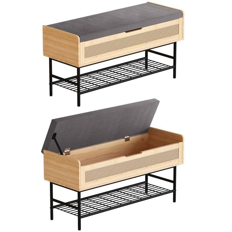 2Tier Wood Rattan Shoe Storage Bench, Entryway Flip Top Shoe