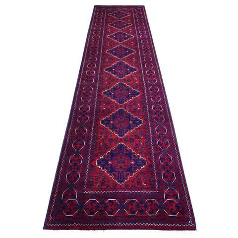 Shahbanu Rugs Deep Red Afghan Khamyab Large Tribal Medallions Design Soft and Shiny Wool Hand Knotted Runner Rug (2'9" x 12'10")