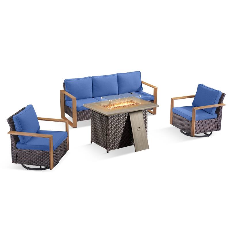 Pocassy Outdoor Wicker Sofa Swivel Chair with Fire Table Set