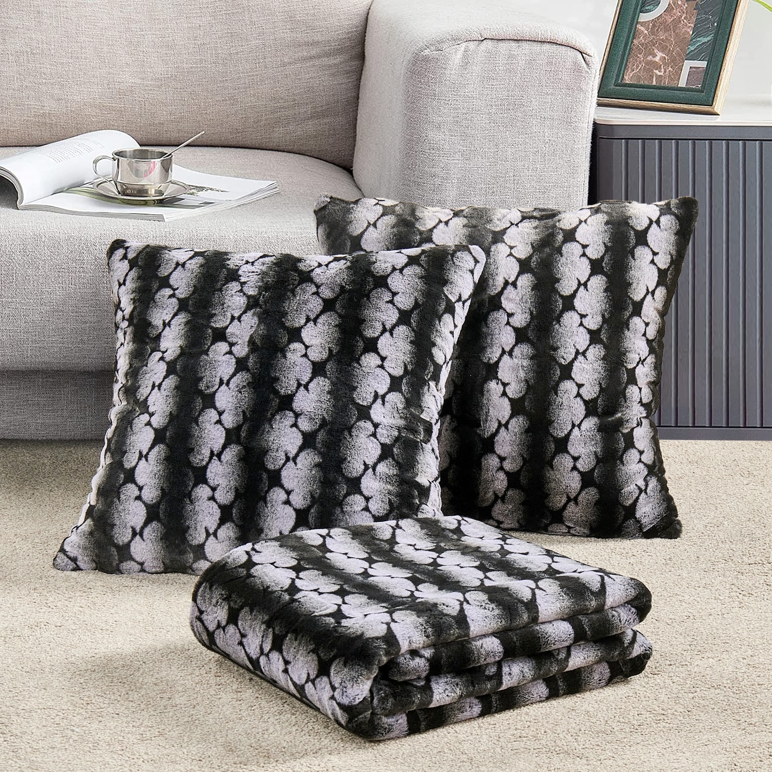 Ballys 3-piece Floral FauxFur Throw Blanket and Pillow Cover Set