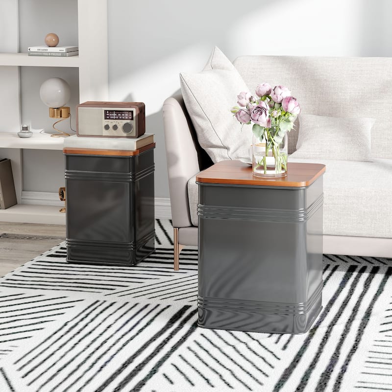 Set of 2 Black Metal Storage Ottomans with Walnut Removable Wood Lids for Living Room or Bedroom - 14.6" W x 14.6" D x 19.1" H