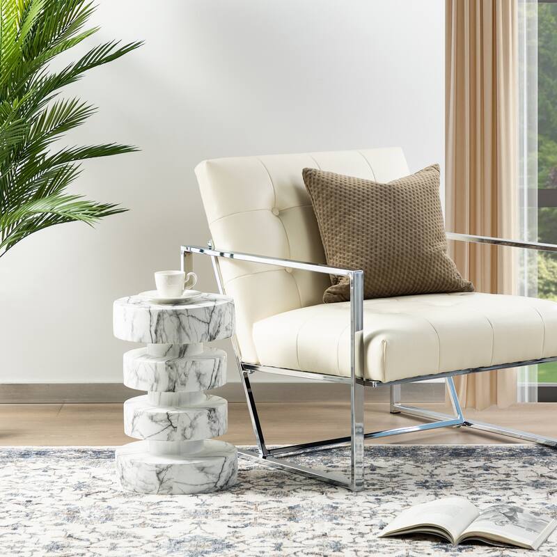 Glitzhome 18"H Modern Antique Gold/White MGO Floating Disks Side Table or Accent Stool - 12"L x 12"W x18"H
