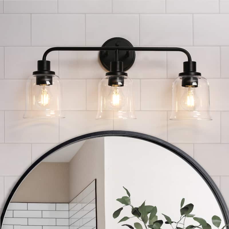 Modern Farmhouse Black 3-Light Linear Bathroom Vanity Light Glass Metal Wall Sconces - W 22.8" x L 10.8" x H 7.3"