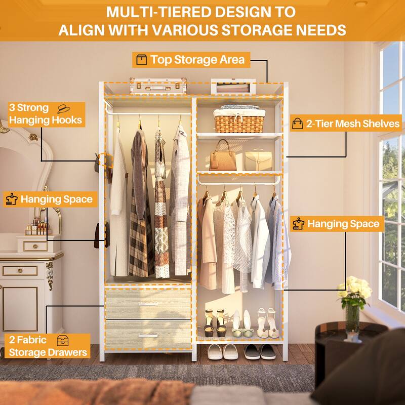 Garment Rack Heavy Duty Clothes Rack Free Standing Closet Organizer with Shelves and 2 hanging Rods