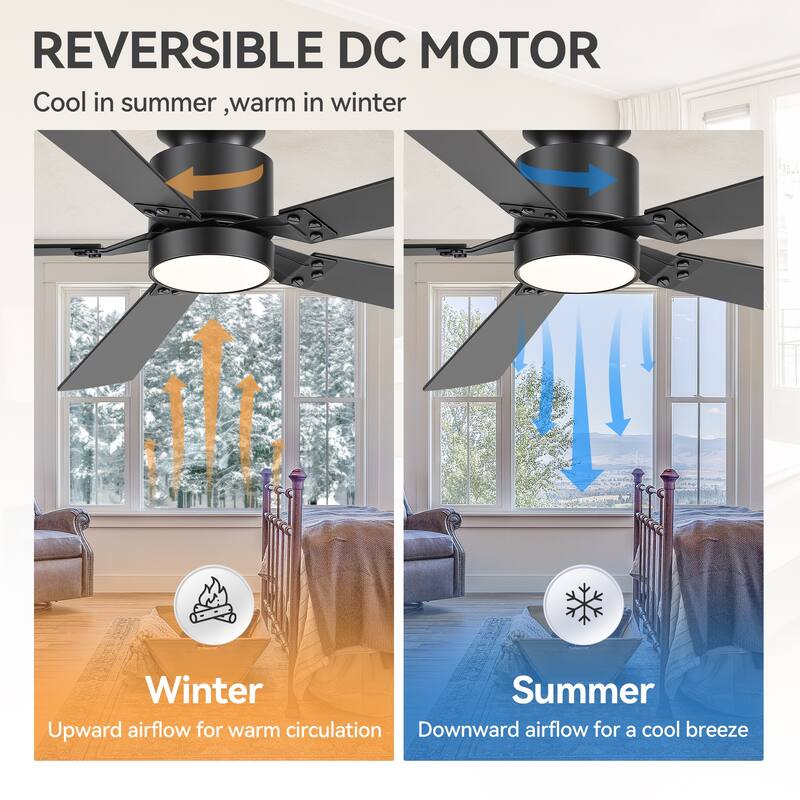 52-Inch Matte Black Flush Mount Ceiling Fan with RGB LED Light and Voice Control((5 Reversible Blades)