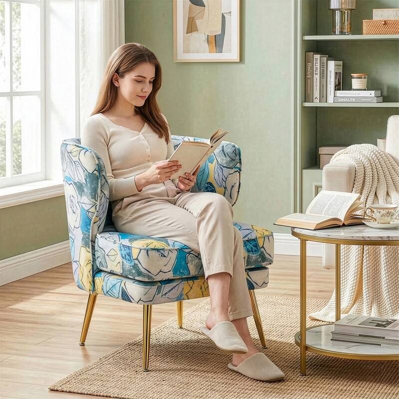 Mid Century Modern Upholstered Reading Chair with Lumbar Pillow, Gold Metal Legs, Small Space Friendly for Living Room Bedroom