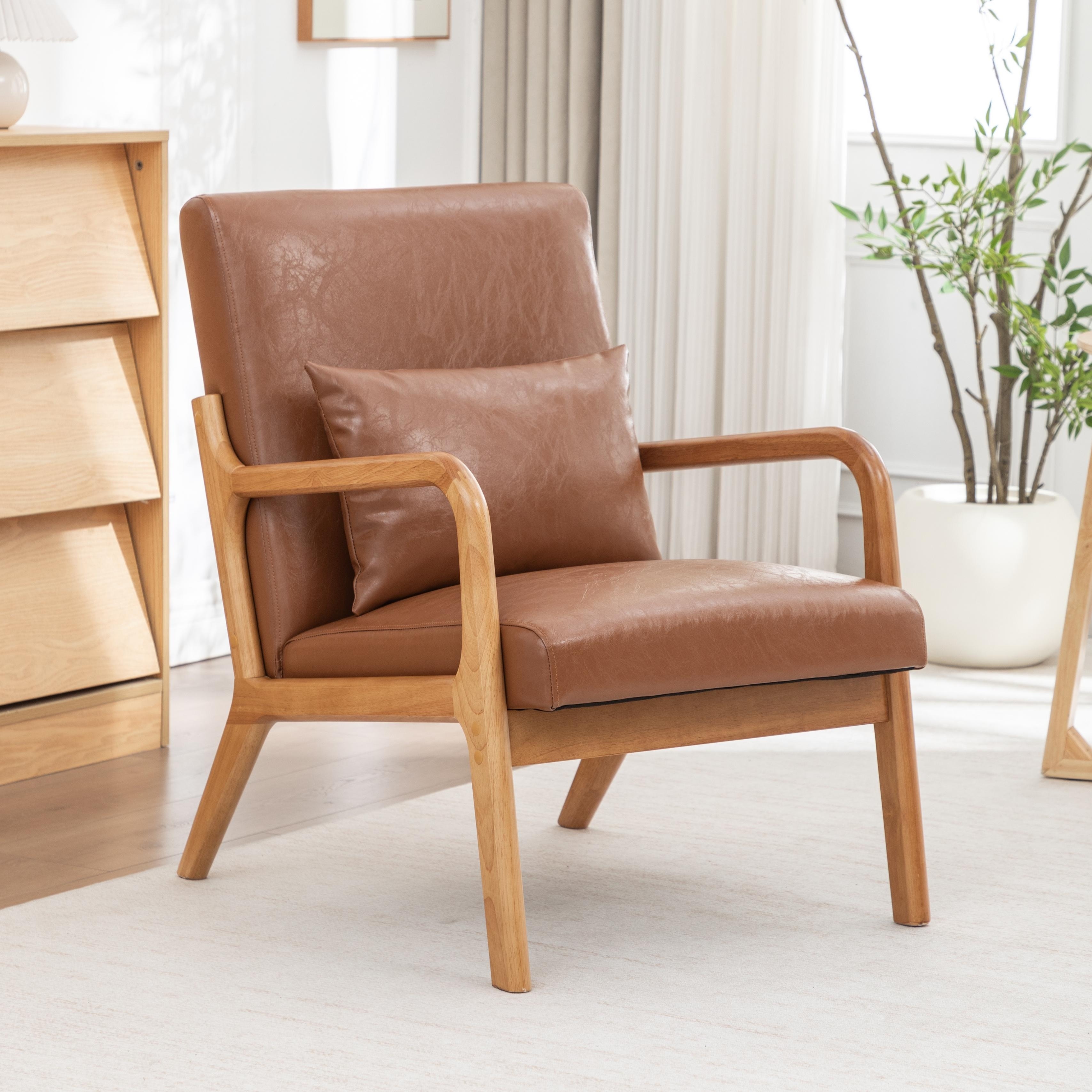 SEYNAR Mid-Century PU Leather Accent Chair with Lumbar Pillow