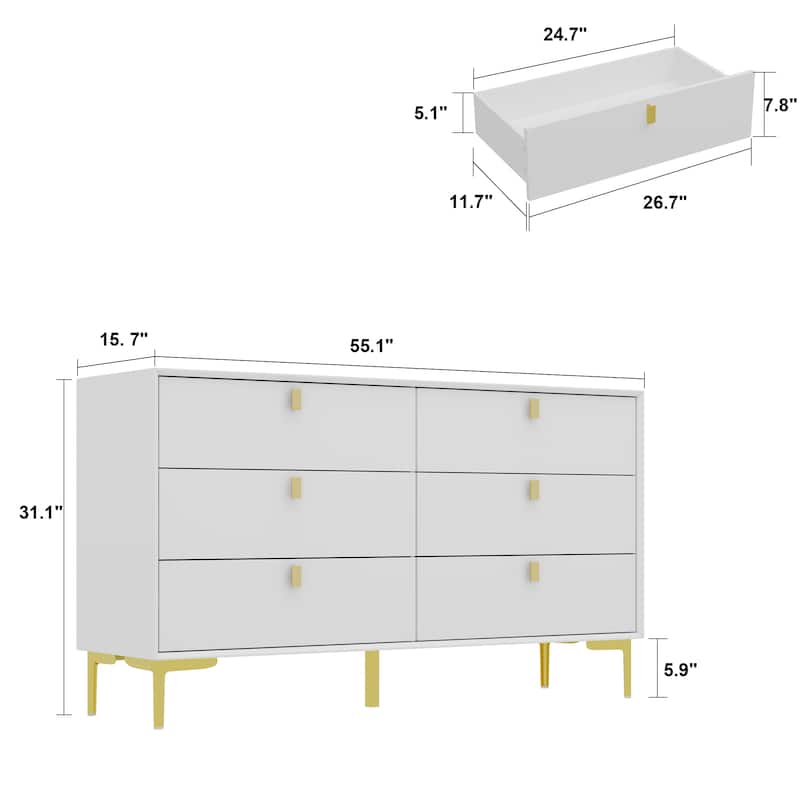 Dresser 6 Drawer Wood Dresser for Bedroom with Storage Modern Gold