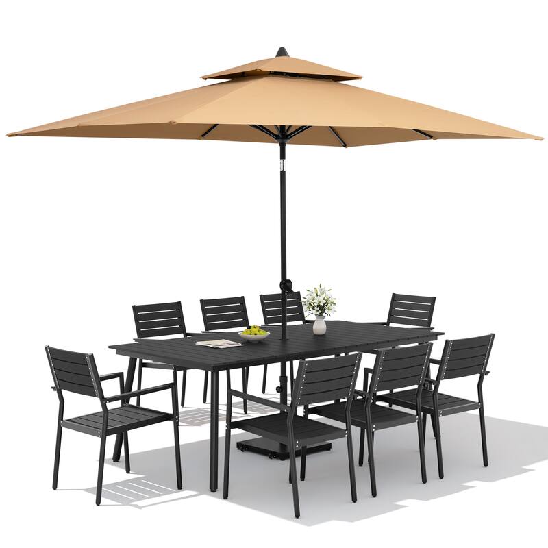 11PC Outdoor Patio Dining Set Wood-Like Aluminum Table with Stackable Armchairs,Double Top Market Umbrella and Wheel Base