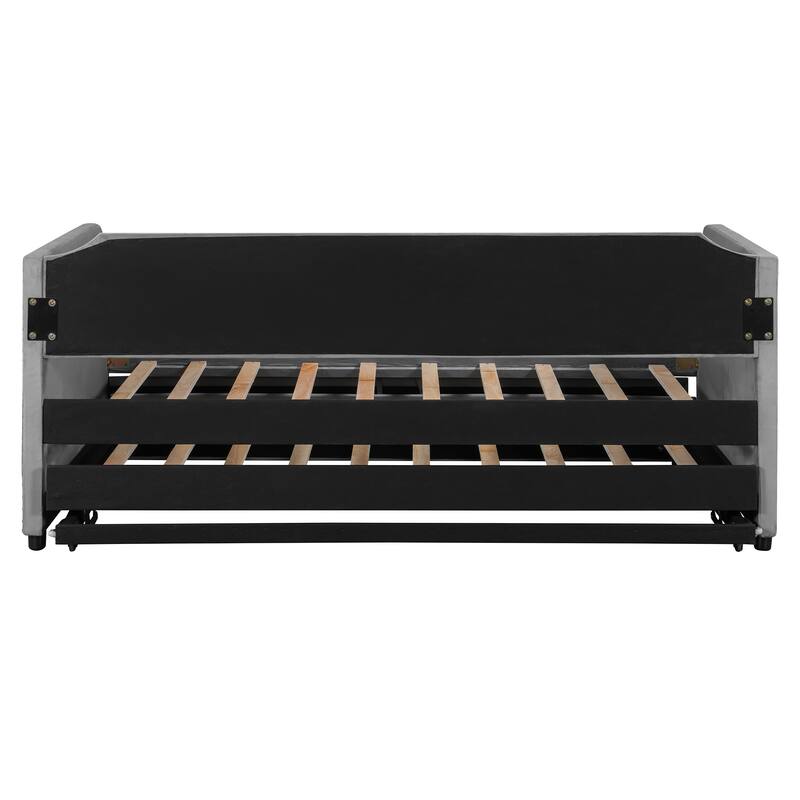 Twin Size Velvet Upholstered Daybed with Pop Up Trundle Bed, Low Profile Panel Bed Frame, 2-in-1 Daybed Design