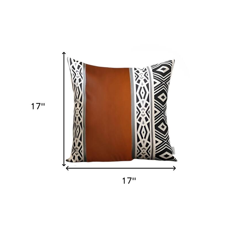 Set of Four 17" Brown Black and White Geometric Fabric and Faux Leather Throw Pillow Covers