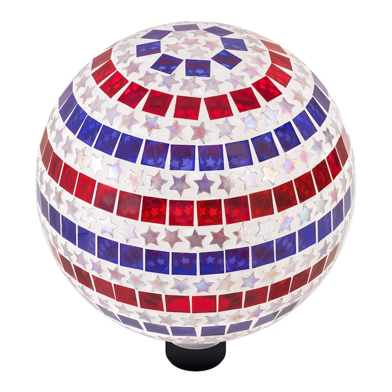 Alpine Corporation 10" Diameter Indoor/Outdoor Patriotic Glass Stars and Stripes Gazing Globe Yard Decoration Red White and Blue