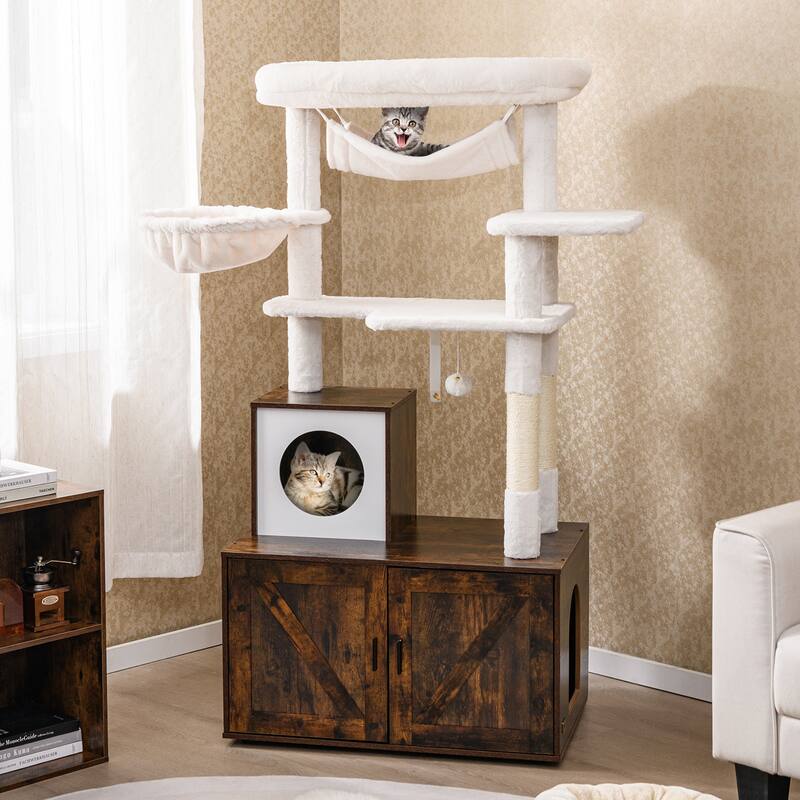 Gymax 59 inch Cat Tree w/ Litter Box Enclosure w/ Hidden Washroom