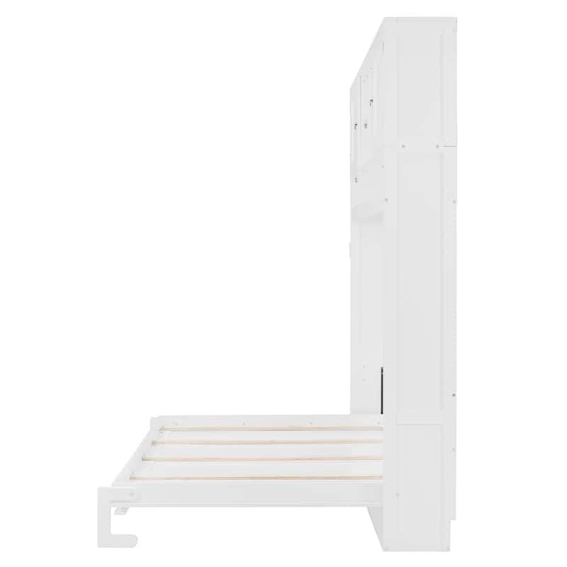 Queen Size Wall Murphy Bed with Storage and Chevron Stripes, White