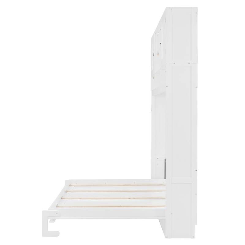 Roomfitters Queen Murphy Bed with Storage Shelves and Chevron Cabinets, Wall Mounted Space Saving Fold Down Bed System, White