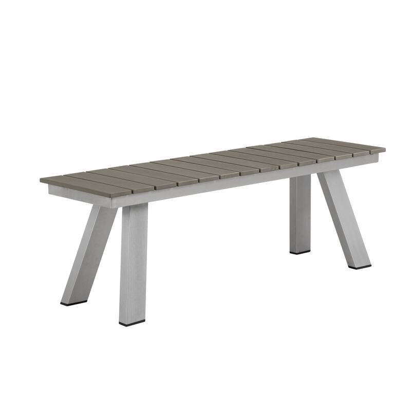 Zia 54 Inch Outdoor Dining Bench, Gray Polyresin Top, Gray Aluminum Frame - Grey
