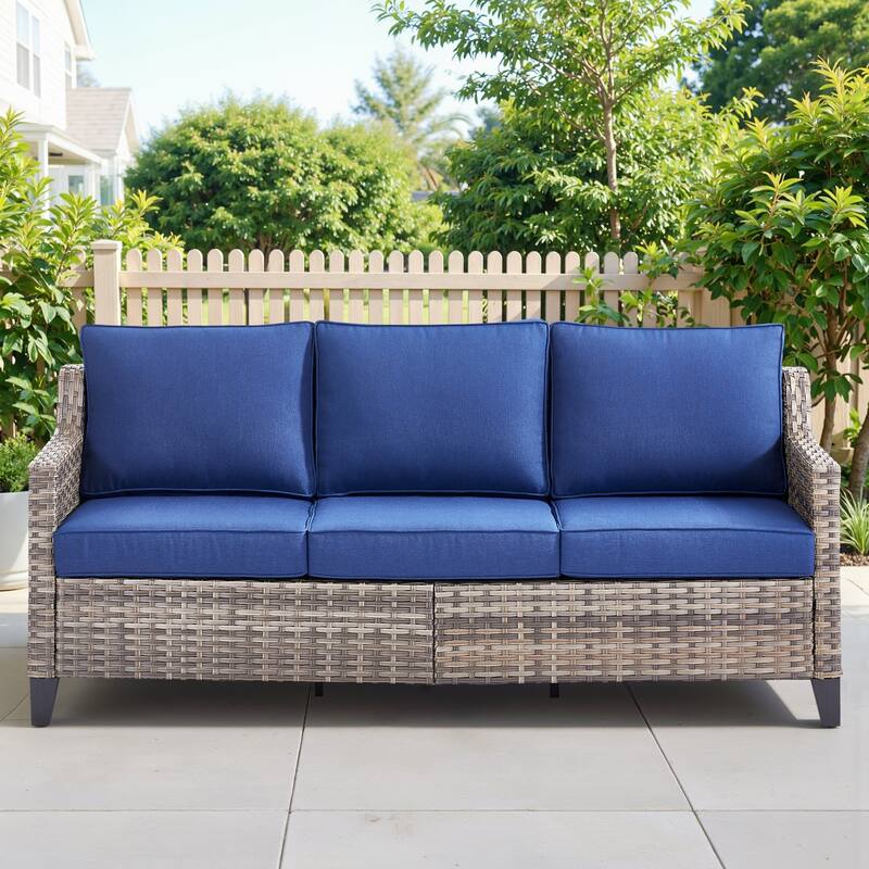 Pocassy Outdoor All-Weather Outdoor Sofa, Swivel Chair, Ottoman Sets - Grey Wicker Blue Cushion - Only Sofa