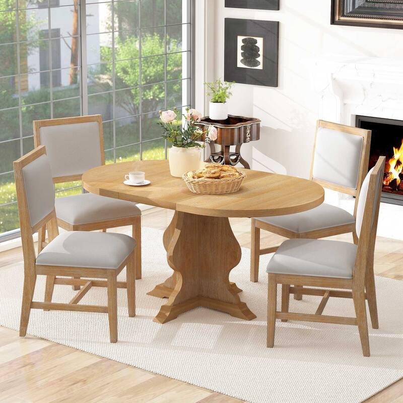 5-Piece Dining Table Set Extension from 42.5 to 58.2-Inches with 4 Upholstered Chairs, Wood Kitchen Dining Table & Chair Set - Natural Wood Wash