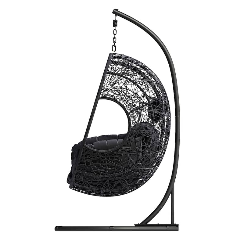 PE Wicker Swing Egg Chair - Indoor/Outdoor Hanging Chair with Puffy Cushion and Stable Base Frame (Handcrafted Weaving Design)
