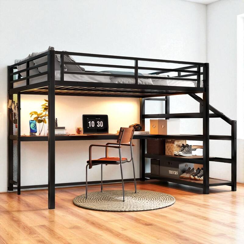 Full/Queen Size Metal Loft Bed with Desk, Storage Stairs, LED Lights, USB Ports and Pegboard, No Box Spring Needed