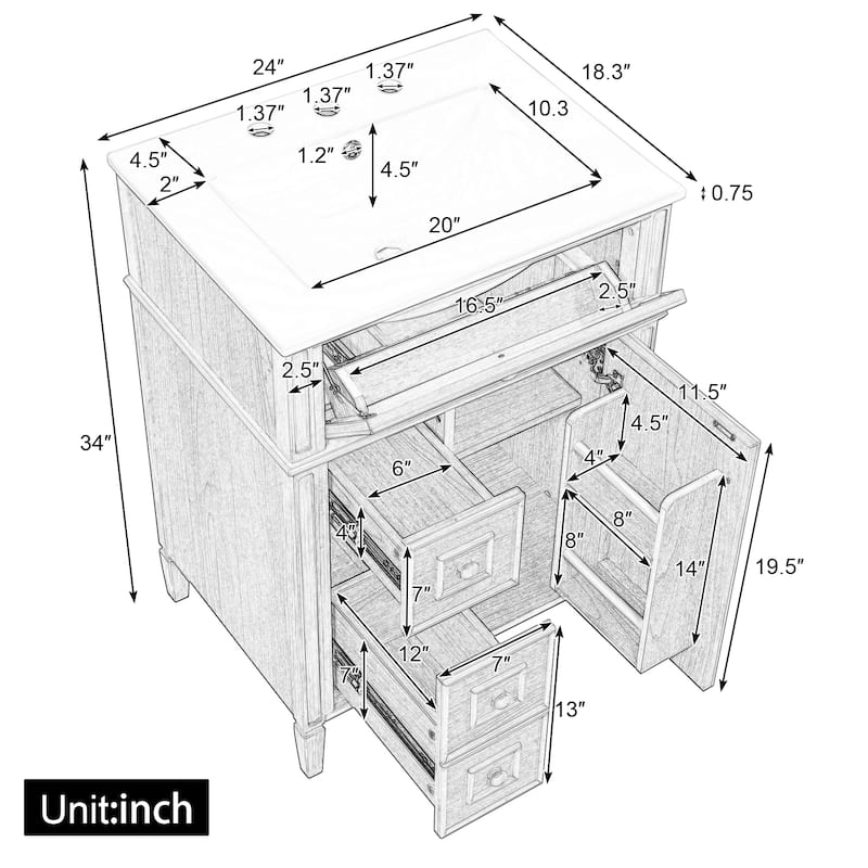 24" Bathroom Vanity with Ceramic Sink, Wood Cabinet with Flip-Out Drawer, Soft-Close Drawers and Door