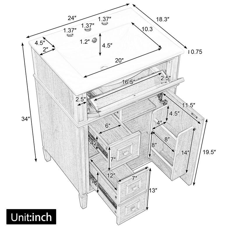 24" Bathroom Vanity with Sink, Wood Vanity Cabinet with Flip-Out Drawer, 2 Soft-Close Drawers, 1 Soft-Close Door