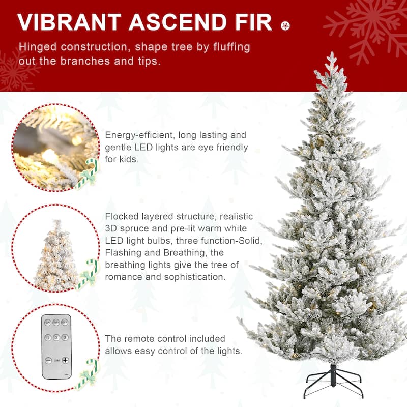 Glitzhome Snow Flocked Upward Slim Fir 7.5' or 9' Artificial Christmas Tree with LED Lights & Remote Control