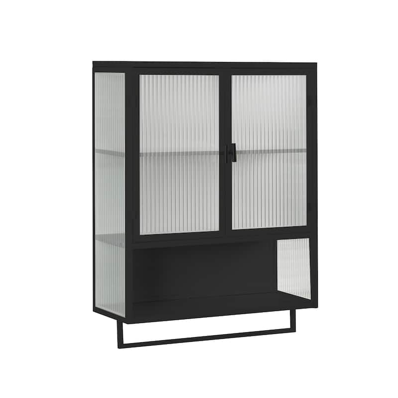 Glass Door Double Door Wall Cabinet with Towel Rack and Open Shelving