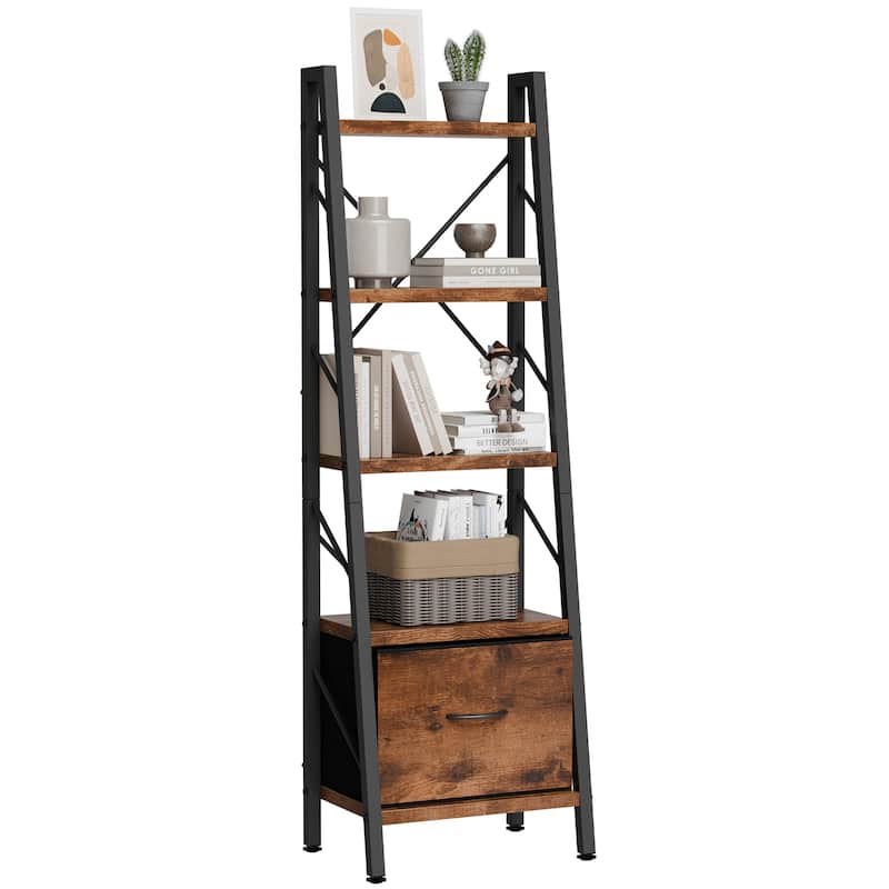 5-Tier Slanted Bookshelf with Fabric Drawer, Wood Storage Shelf
