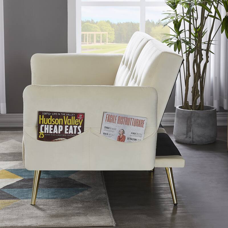 Italian Velvet Convertible Sleeper Sofa Bed with with Folded Armrests and Storage Bags