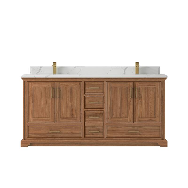 Willow Collections 72 in. W x 22 in. D Charlotte Teak Double Sink Bathroom Solid Teak Vanity with Countertop - 1.5”Calacatta Laza - Dark Natural