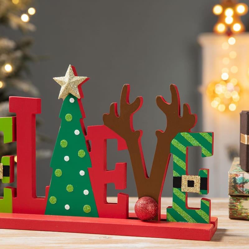 Glitzhome 14"L Wooden Christmas BELIEVE Word Sign Table Decor