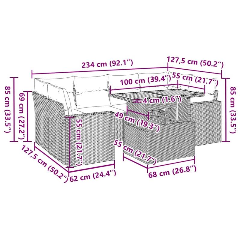 vidaXL Patio Sofa Set with Cushions Lounge Set Outdoor 7 Piece Poly Rattan - 21.7 x 39.4 x 28.7