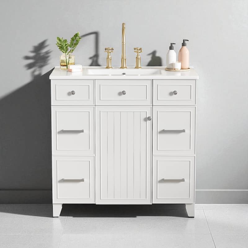 36" Bathroom Vanity with Ceramic Sink, Solid Wood Frame, Soft Close Doors, Adjustable Shelves, 3 Drawers for Extra Storage - White