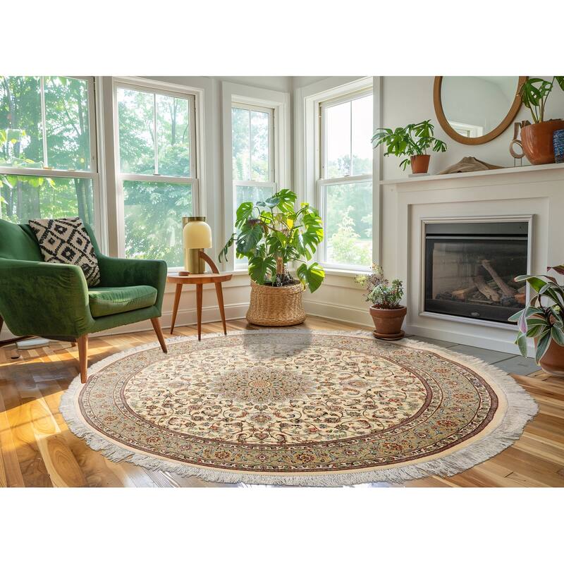 5x5 Round Hand Knotted 600 KPSI Ivory Qum All Silk Traditional Rug - 5' x 5' -Round