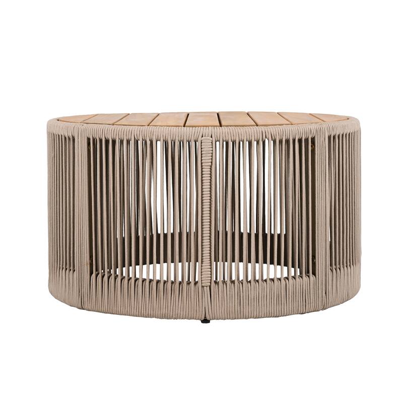 Modern Coffee Table Outdoor Rattan Rope Coffee Table with Acacia Wood Tabletop, for Garden, Patio, Balcony