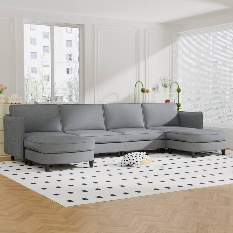 141.5'' 6 Seater U-Shaped Sofa with Ottoman and Arm Pockets, Gray Fabric