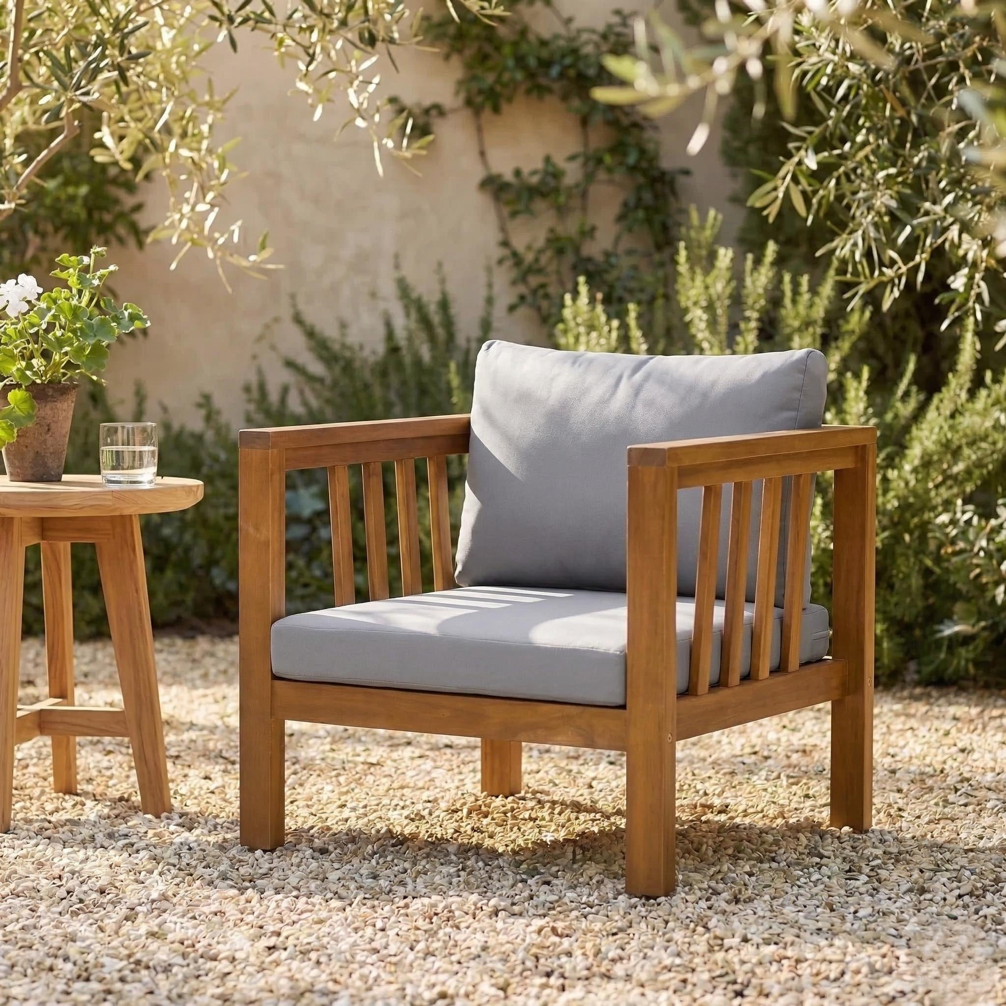 Outdoor Acacia Wood Club Chair with Thick Cushion and Adjustable Feet